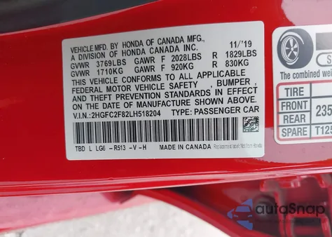 2020 Honda Civic Sport z USA, uszkodzony, nr VIN 2HGFC2F82LH518204